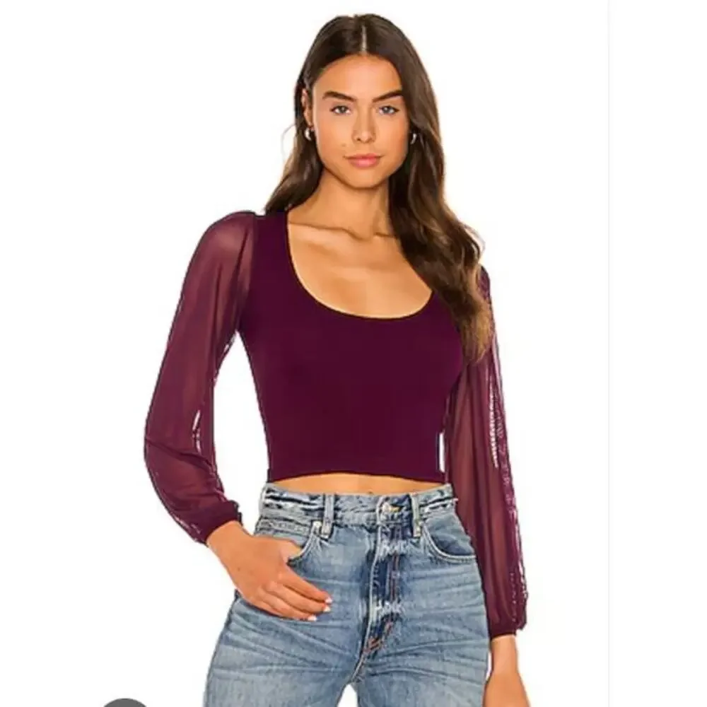 Free People maroon‎ sheer sleeve blouse XS/S